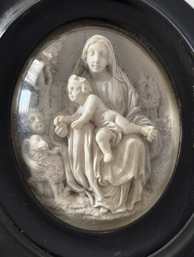 19世紀 聖母子と洗礼者ヨハネ メダイヨン 額装品 h14.5cm