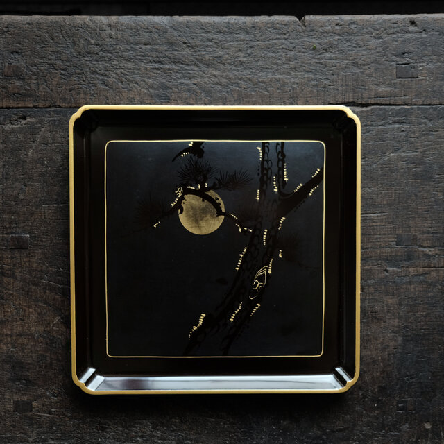 月と木◆時代物　黒塗蒔絵四方盆　骨董・antiques　工芸品　古美術　インテリア　明治〜大正期　i1