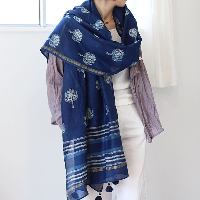 インディゴブロックプリントシルクコットンストール【ロータス】