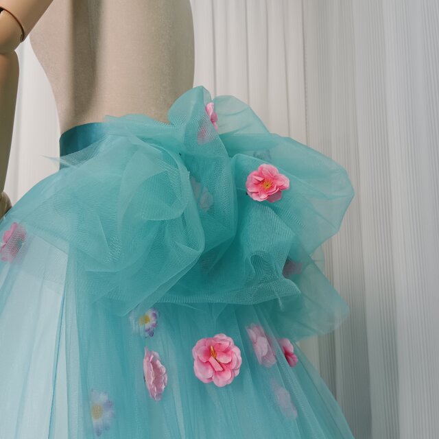 カラードレス ブルー オーバースカート 花モチーフ ロング