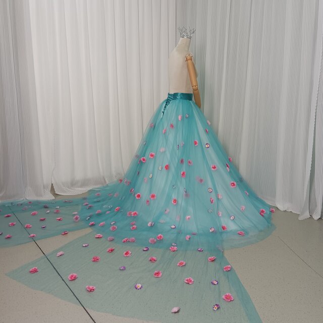カラードレス ブルー オーバースカート 花モチーフ ロング