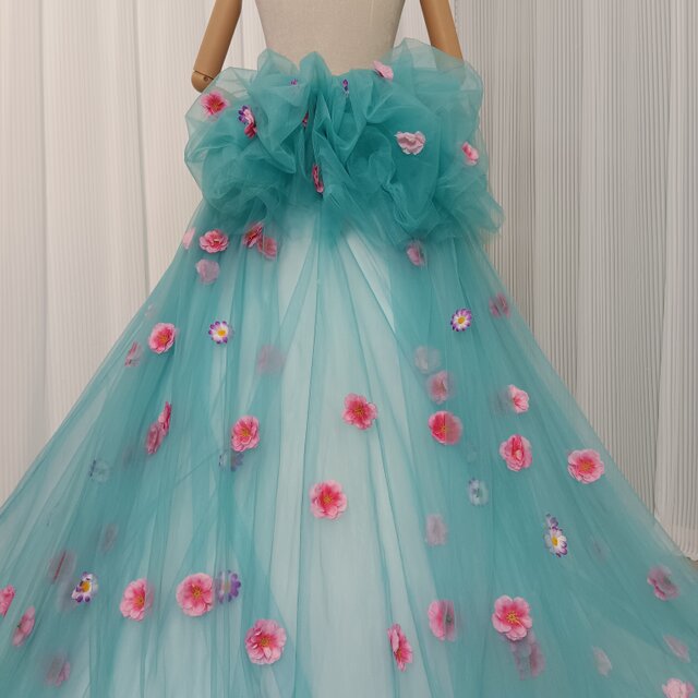 カラードレス ブルー オーバースカート 花モチーフ ロング