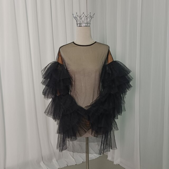 トップス ブラック ソフトチュール レイヤードドレス ロングスリーブ カーディガン 披露宴