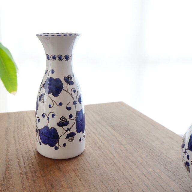 タラベラ焼　陶器花瓶　スペイン　デルフトブルー　マジョリカ　アラベスク花唐草 タラベラ焼 陶器花瓶 スペイン デルフトブルー マジョリカ