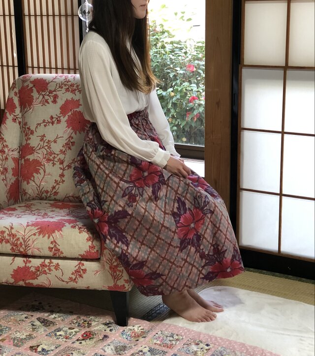 銘仙スカート優しいチェックとお花柄M〜L