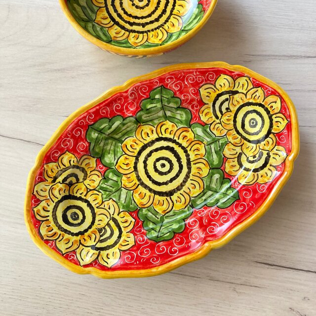 オーバル皿 25cm マヨリカ焼き イタリア陶器　ひまわり　向日葵