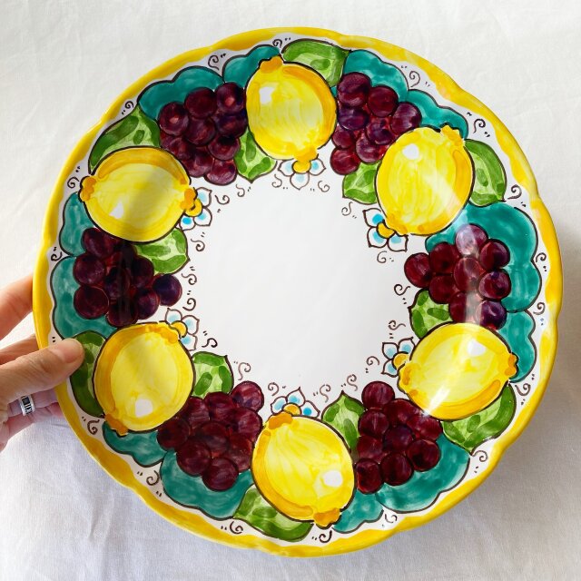丸皿 26cm GEO040 マヨリカ焼き イタリア陶器 レモンとブドウ柄