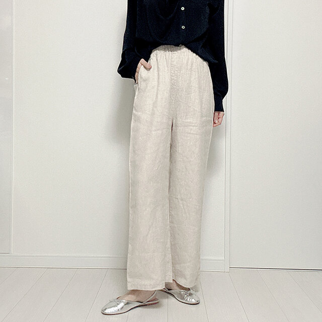 【新作】麻100総ゴム仕立てワイドストレートパンツ（ベージュ）25015BGF
