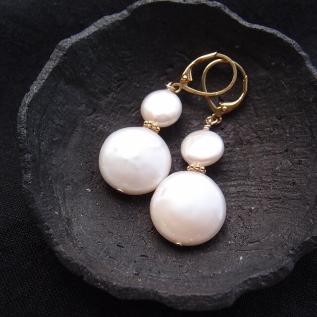 【GP】Double Coin Pearl Earrings／ダブルコインパール フレンチピアス