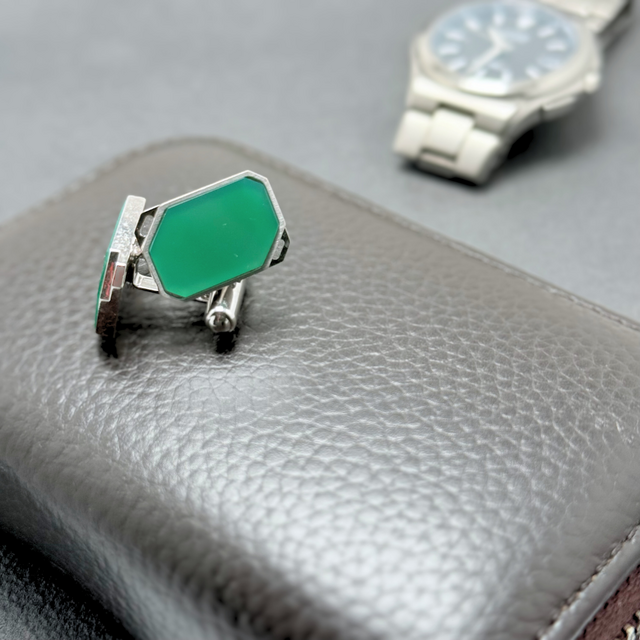 ラス1 アウトレット 緑の余白 クリソプレーズ/緑玉髄  RHP 天然石カフスボタン - Cutout