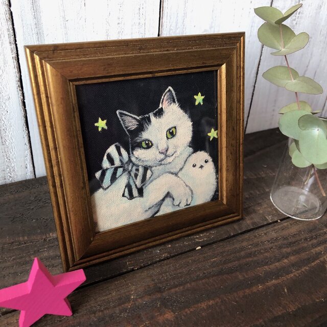 額付絵画作品「シマエナガとお姫 」 アート作品 原画 猫 徳島