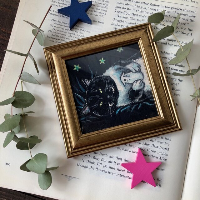 額付絵画作品「猫木霊とタキちゃん 」 アート作品 原画 猫 徳島洋子作品 猫