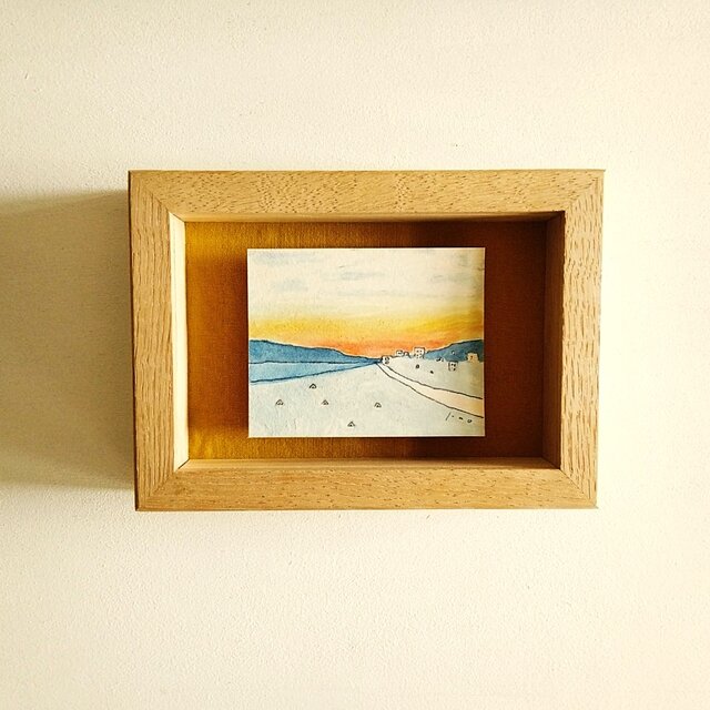 穏やかな気持ちになる青い絵画｜原画「夕焼け空」※栗材ボックス額縁入り　水彩・ドローイング・一点物