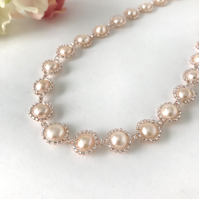 淡水パール の ビーズ編み ネックレス ピンク 桜色 パステルカラー