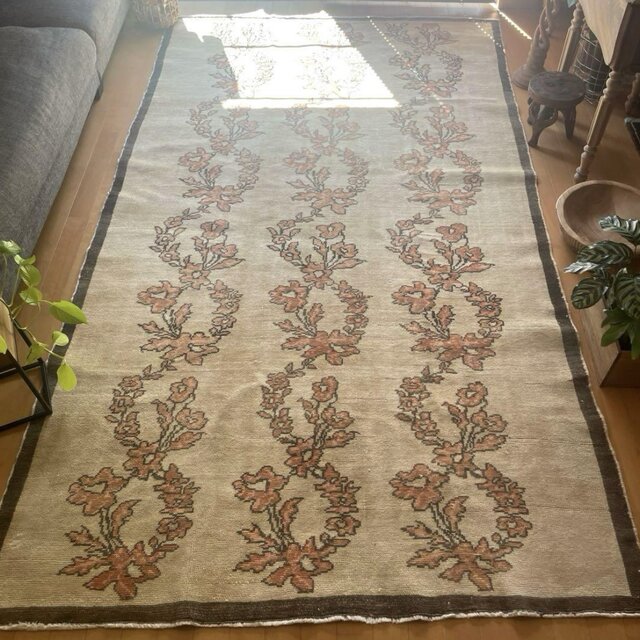 大判レア150×265ナチュラル×ブラウン　ボタニカル　トルコヴィンテージラグ 大判レア150×265ナチュラル×ブラウン ボタニカル トルコヴィンテージ