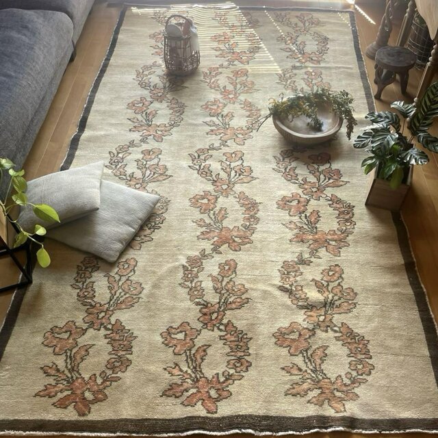 大判レア150×265ナチュラル×ブラウン　ボタニカル　トルコヴィンテージラグ