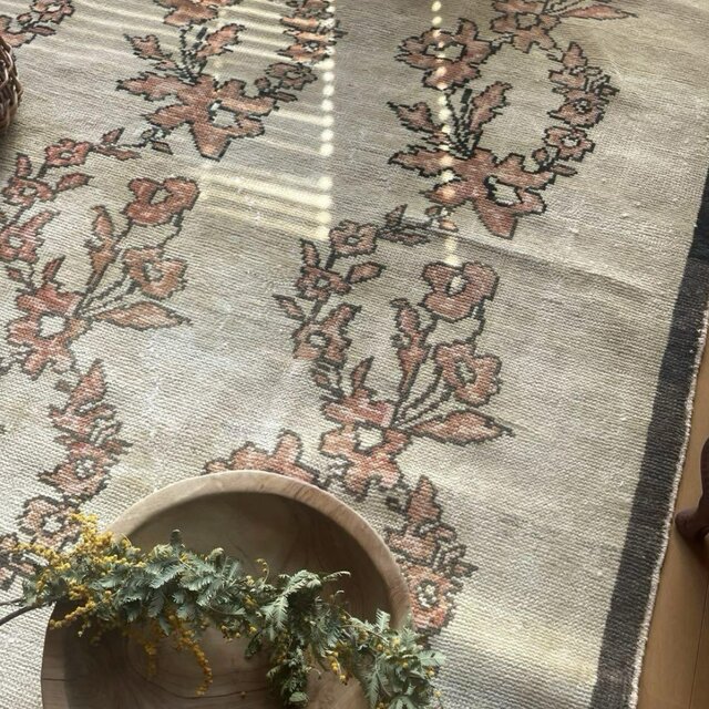 大判レア150×265ナチュラル×ブラウン ボタニカル トルコヴィンテージ