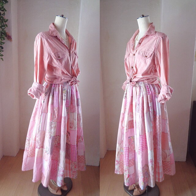 絵画なパッチワーク♥pink♥ロングマキシ丈♥ボリュームギャザー