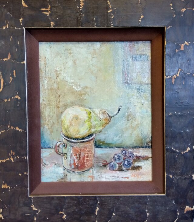 油絵「赤いカップと西洋梨」