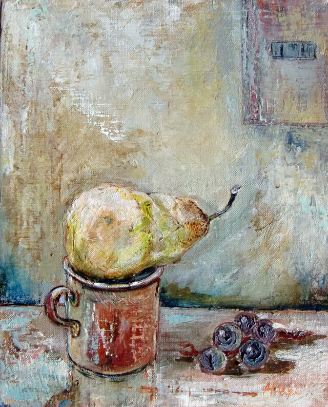 油絵。 油絵「赤いカップと西洋梨」 | iichi 日々の暮らしを心地よくする