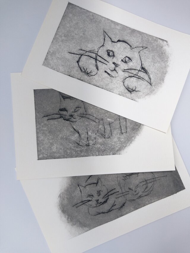 【送料無料】猫3枚ポストカード 手刷り