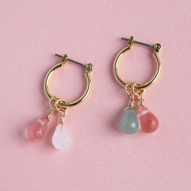 パステルカラー天然石3種から4つ選べるフープピアス（イヤリング）＆チャームセット