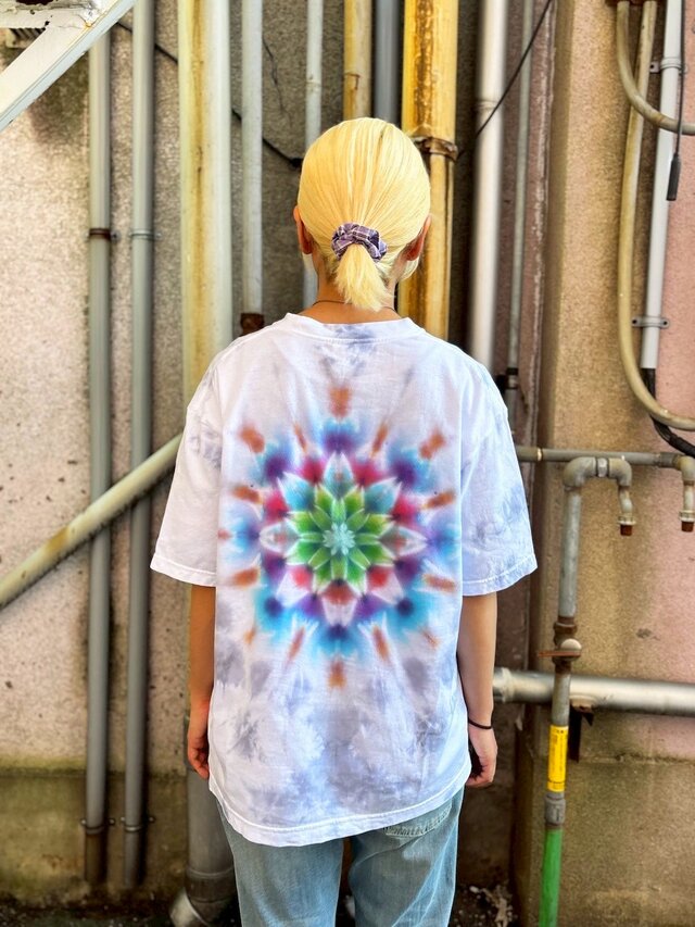 タタイダイ染め ビッグシルエット Tシャツ Mサイズ 曼荼羅 ホワイト×グレー ムラ染め Hippies Dye HD23-96