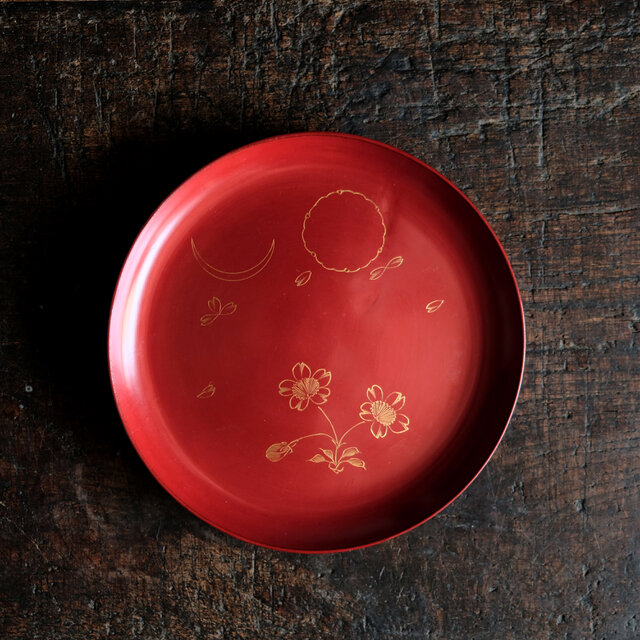 草花と月◇古輪島塗 花月文漆芸沈金中皿 漆器 骨董/antiques 古