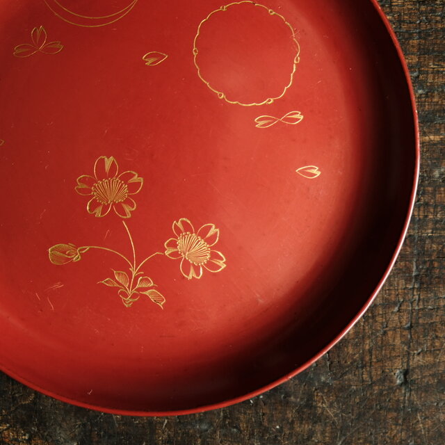 2025新入荷 草花と月◇古輪島塗 花月文漆芸沈金中皿 古 骨董/antiques 漆器 工芸品