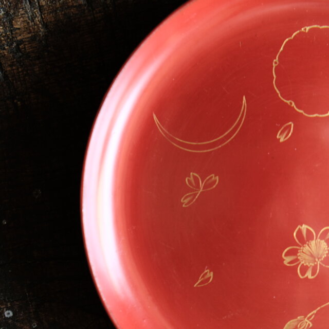草花と月◇古輪島塗 花月文漆芸沈金中皿 漆器 骨董/antiques 古