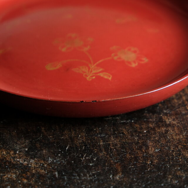 花と蝶々◆古輪島塗　漆芸沈金蓋付椀5客セット　赤　骨董・antiques 大正期 花と蝶々◇古輪島塗 漆芸沈金蓋付椀5客セット 赤