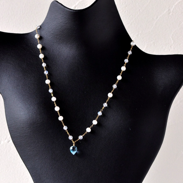 蒼滴の交響　ブルートパーズx淡水パールxロイヤルブルームーンストーンネックレス