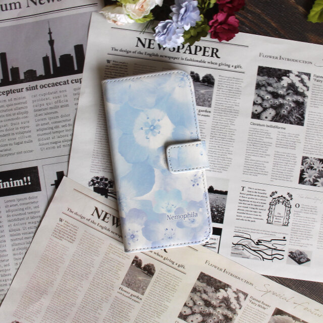 iPhoneスタンダード手帳型スマホケース （カメラ穴あり/はめ込みタイプ）【ブルーフラワー（ネモフィラ）】