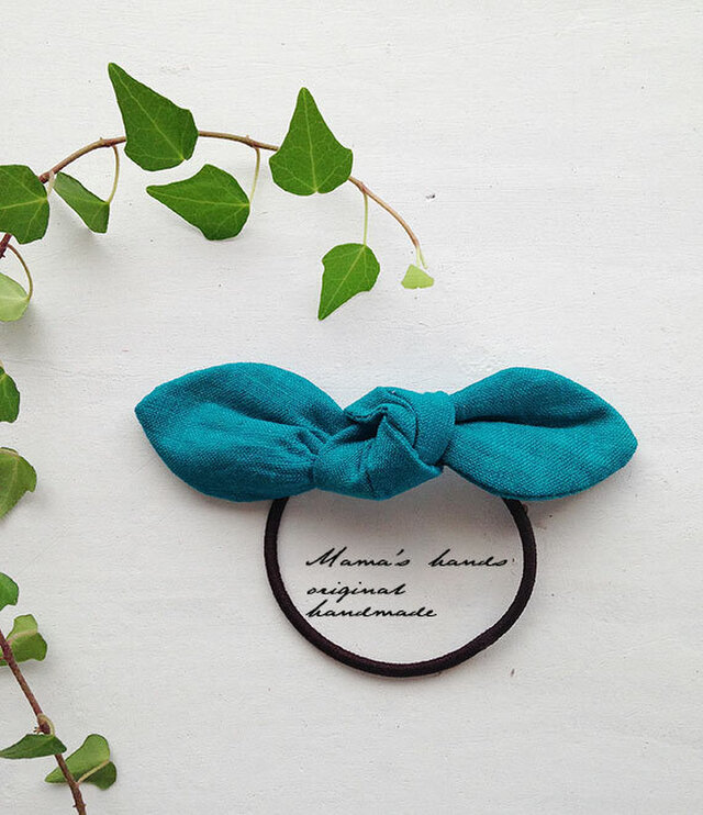 ⭐️28点売れました⭐️ おしゃれな リネン ブルー グリーン bluegreen リボン ヘアゴム♪