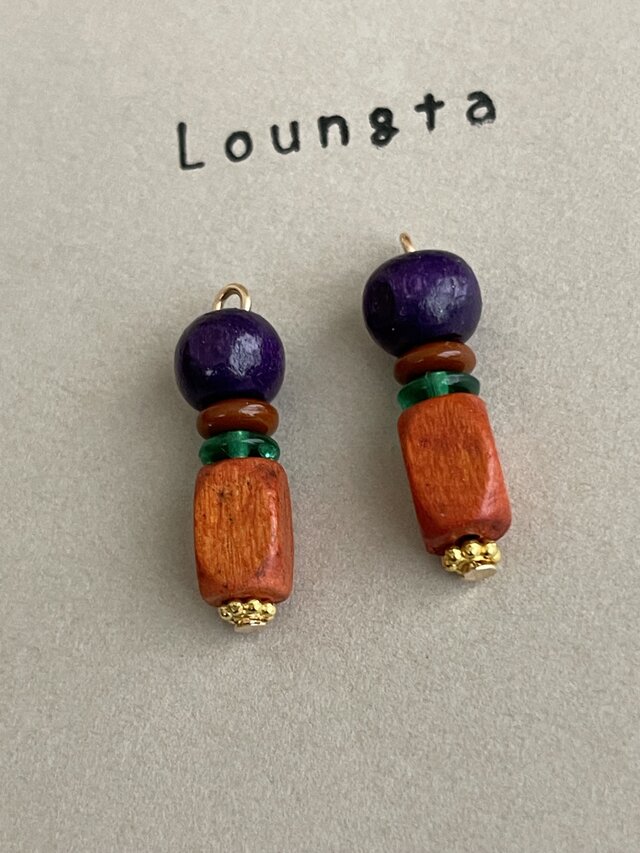 送料無料 ウッドビーズピアス エスニックピアス レトロ パープルとオレンジ チェコビーズ
