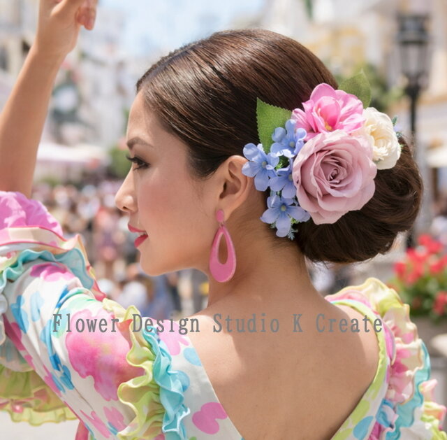 フラメンコ・フローレス・発表会に♡ピンクの薔薇と紫陽花の花束風髪