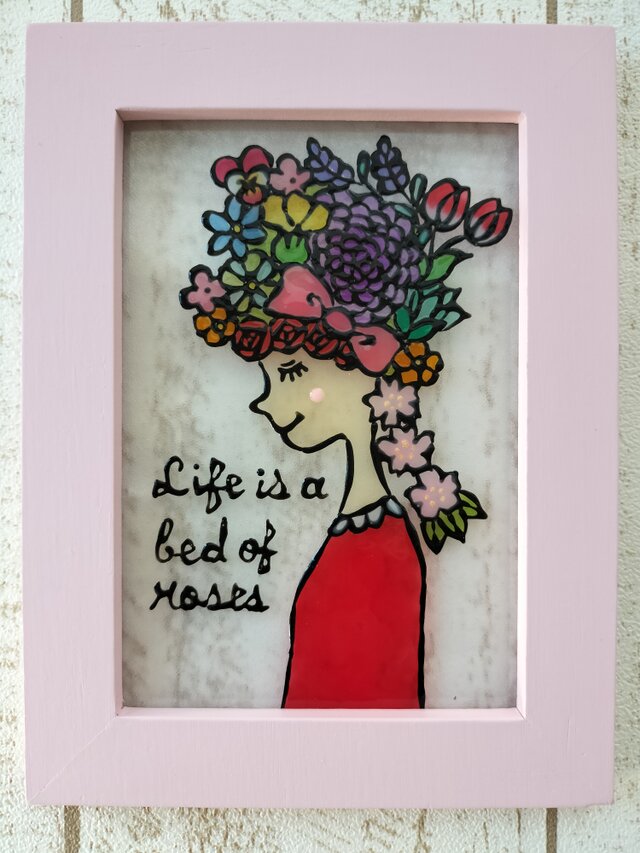 送料無料！ステンドグラス風 お花の女の子 グラスアート イラスト プレゼントにも インテリア雑貨 ハンドメイド