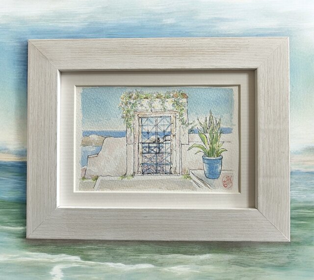 エーゲ海の休日(透明水彩、原画、ギリシャ、サントリーニ島、風景画