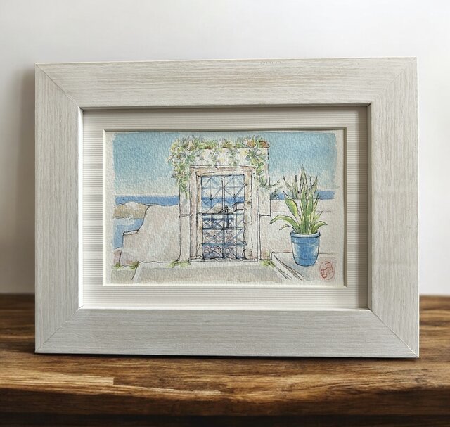 ギリシャ エーゲ海の風景 水彩画 約30cm x 40cm 【公式通販】
