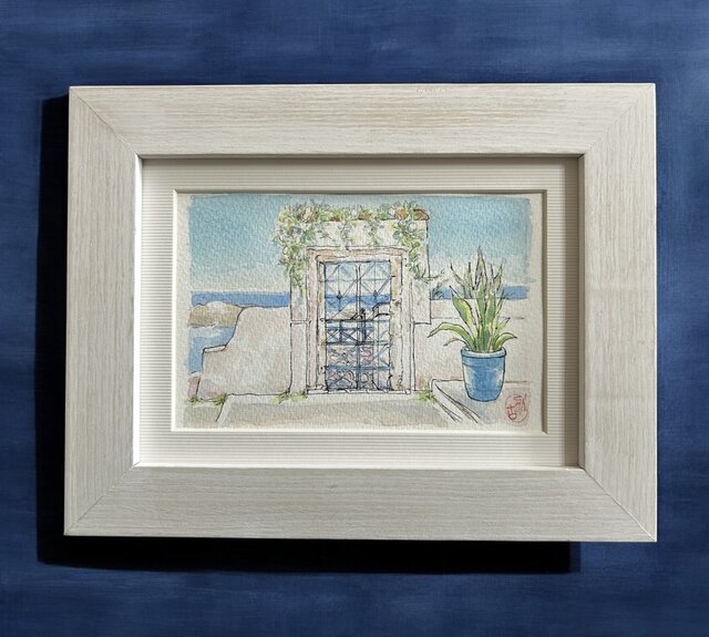 ギリシャ エーゲ海の風景 水彩画 約30cm x 40cm 【公式通販】
