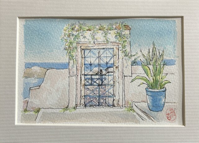 ギリシャ エーゲ海の風景 水彩画 約30cm x 40cm 【公式通販】