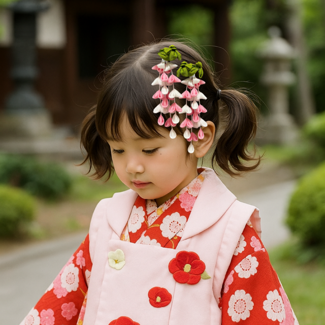 つまみ細工　髪飾り　成人式　和婚　結婚式　卒業式　七五三　和装　振袖　袴　ちりめん髪飾り　藤　藤の髪飾り　枝垂れ　フジ