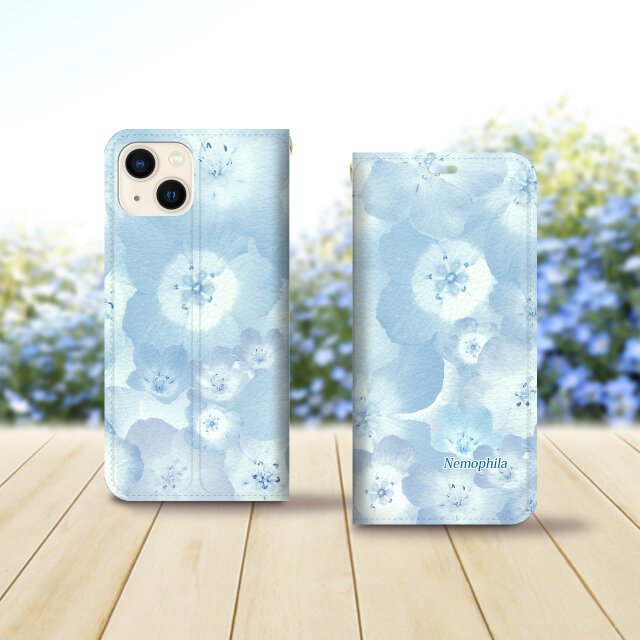 帯なし iPhone 手帳型スマホケース （カメラ穴あり/はめ込みタイプ）【ブルーフラワー（ネモフィラ）】