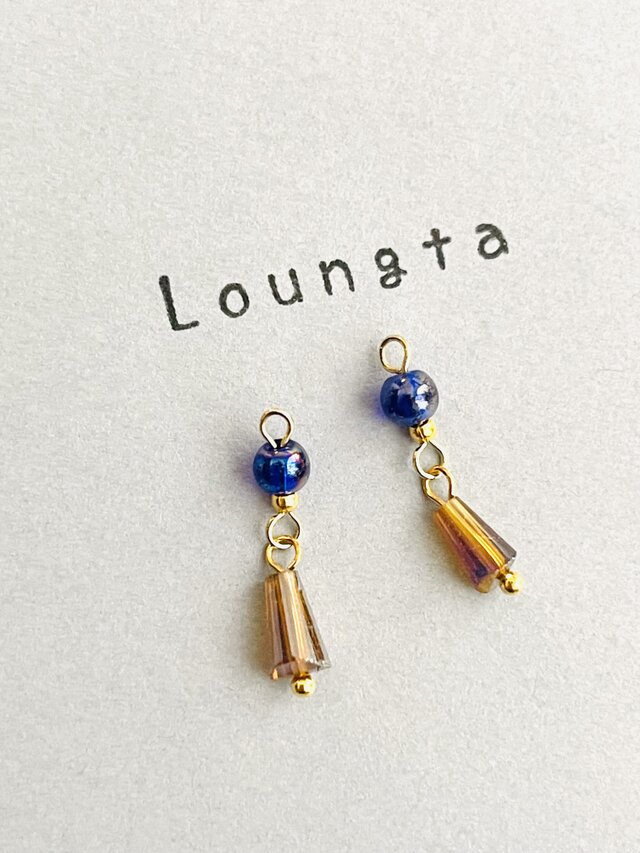 ブラウンガラスビーズピアス ブルー 小ぶりピアス