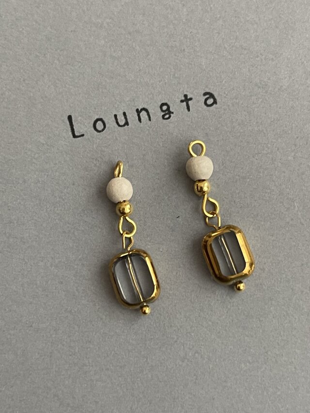 ウッドビーズピアス ガラスビーズピアス ホワイト グレー 小ぶりピアス