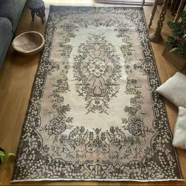 120×212 くすみ桜ピンク×ブラウン　メダリオン　トルコヴィンテージラグ