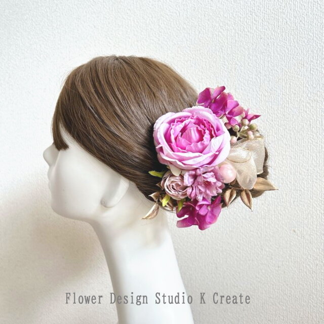 ウェディングに♡フレンチローズと紫陽花のヘッドドレス　結婚式 　成人式 　卒業式 　ブライダル 　ウェディング　ローズピンク　