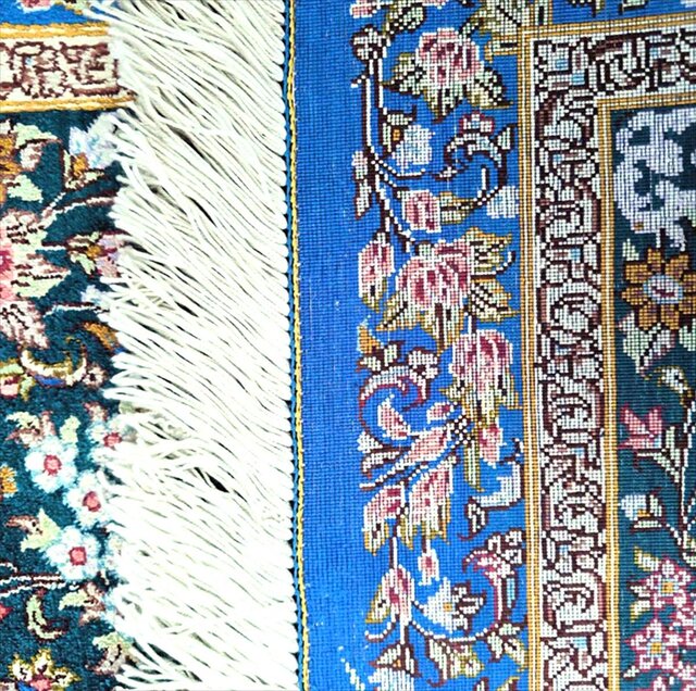 ペルシャ絨毯クム産シルク アーダヴィ工房 玄関マット 89x59㎝ ブルー