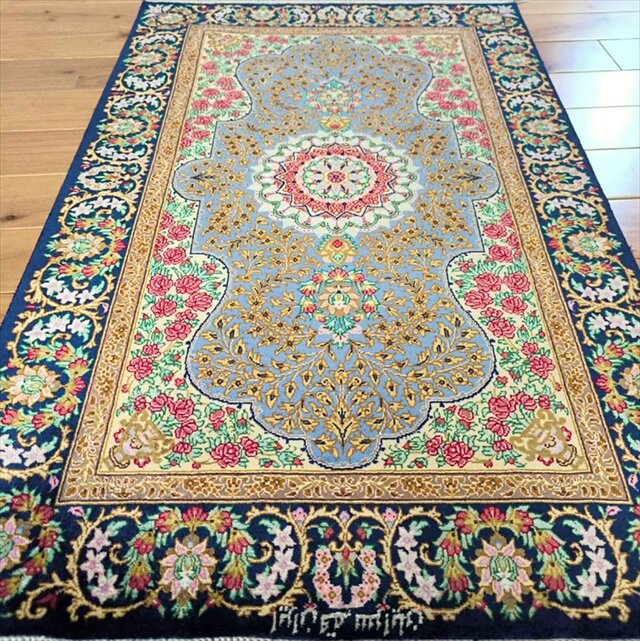 Vintage ペルシャ クム産シルクの手織り絨毯 size:200x130 ペルシャ絨毯クム産シルク サラヤン工房 玄関マット 92x60