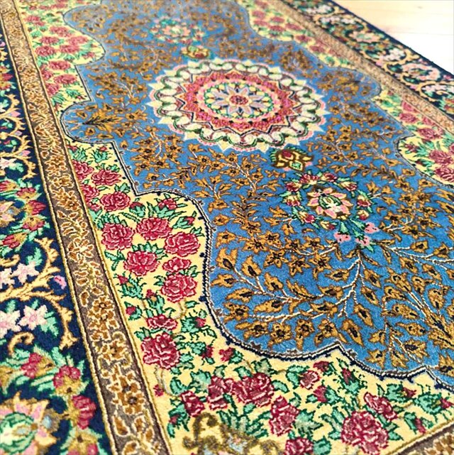 ペルシャ絨毯クム産シルク サラヤン工房 玄関マット 92x60